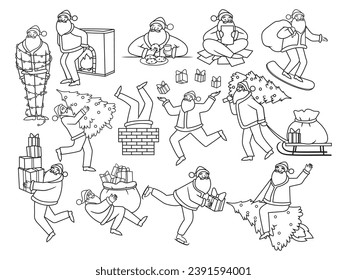 Set of funny Santa Clauses. Collection of Santa with a beard eats cookies, juggles gifts, carries a Christmas tree, etc. Festive design for a postcard. Vector illustration on white background.