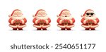 Set of funny Santa Clauses with different facial expressions and a gift in their hands, 3D. Santas for Christmas, Winter holidays design concepts. Vector illustration.