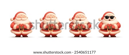 Set of funny Santa Clauses with different facial expressions and a gift in their hands, 3D. Santas for Christmas, Winter holidays design concepts. Vector illustration.