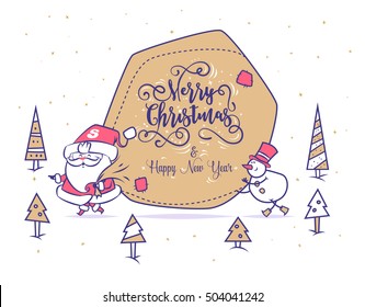 Set of Funny santa snowman and big bag of presents. Christmas greeting card background poster. Vector illustration. Merry christmas and Happy new year.