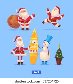 Set of Funny santa snowman and presents. Christmas greeting card background poster. Vector illustration. Merry christmas and Happy new year.