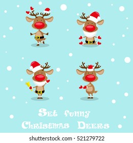 Set of  funny Santa's deers, christmas bell and red hats isolated on blue background. Design elements for decoration holiday poster, banner, flyer, greeting card. Cartoon style. Vector illustration