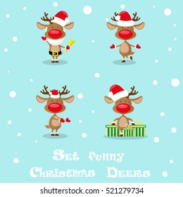 Set funny Santa's deers, christmas bell and gift box isolated on blue background. Design elements for decoration holiday poster, banner, flyer, greeting card. Cartoon style. Vector illustration