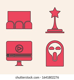 Set Funny and scary ghost mask, Cinema auditorium with screen and seats , Movie trophy  and Online play video  icon. Vector