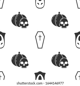 Set Funny and scary ghost mask for Halloween , Coffin with christian cross  and Pumpkin and skull  on seamless pattern. Vector