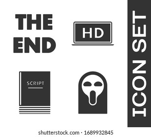 Set Funny and scary ghost mask, The End handwritten inscription , Scenario  and Laptop screen with HD video technology  icon. Vector