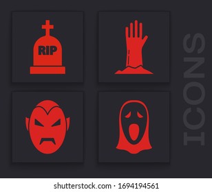 Set Funny and scary ghost mask for Halloween , Tombstone with RIP, Zombie hand  and Vampire  icon. Vector
