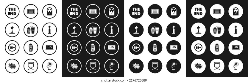 Set Funny and scary ghost mask, Movie trophy, The End handwritten inscription, Trophy Golden Globe, Buy cinema ticket online, Laptop screen with HD video technology and Under 18 years icon. Vector