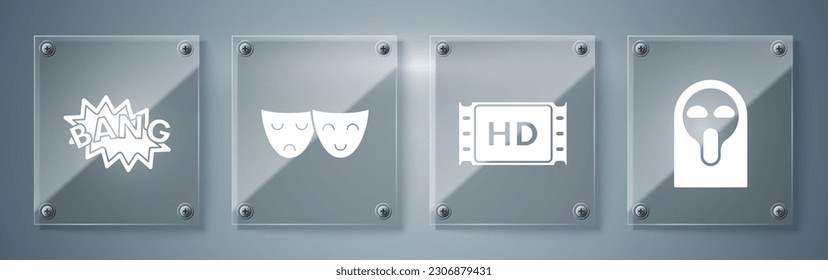 Set Funny and scary ghost mask, 4k movie, tape, frame , Comedy and tragedy theatrical masks  and Bang boom text speech bubble balloon . Square glass panels. Vector