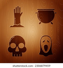 Set Funny and scary ghost mask for Halloween , Zombie hand , Skull  and Halloween witch cauldron  on wooden background. Vector