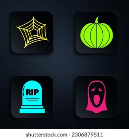 Set Funny and scary ghost mask for Halloween , Spider web , Tombstone with RIP and Pumpkin . Black square button. Vector