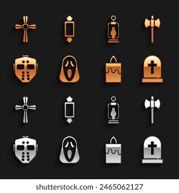 Set Funny and scary ghost mask, Wooden axe, Tombstone with cross, Burning candle, Hockey, Camping lantern,  and Candy icon. Vector