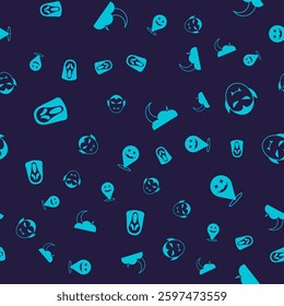 Set Funny and scary ghost mask, Vampire, Moon stars and Happy Halloween holiday on seamless pattern. Vector