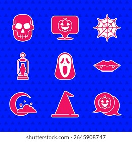Conjunto de máscara fantasma divertido y aterrador, sombrero de bruja, calabaza, dientes de vampiro, estrellas de la luna, linterna de camping, Web de la araña y el icono del cráneo. Vector