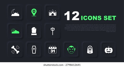 Set Funny and scary ghost mask, Pumpkin, Tombstone with RIP written, Vampire, Moon stars, Coffin christian cross, Skull and Halloween date 31 october icon. Vector