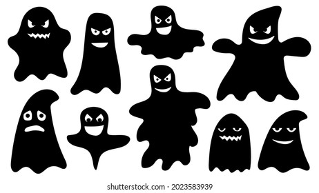 A set of funny and scary Halloween boo ghosts. Ghost character with a face to the holiday, fun scares. Silhouette apparition spook. Isolated vector illustration