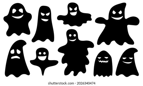 A set of funny and scary Halloween boo ghosts. Ghost character with a face to the holiday, fun scares. Silhouette apparition spook. Isolated vector illustration