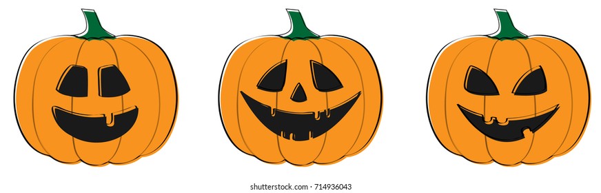 Set of funny and scary hand drawn pumpkins. Vector.