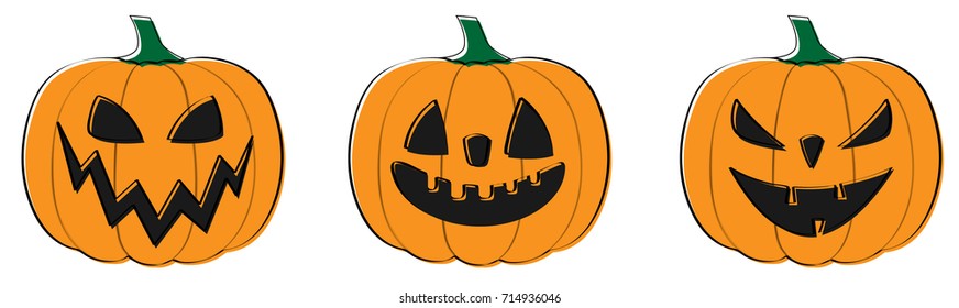 Set of funny and scary hand drawn pumpkins. Vector.