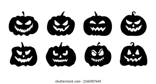 Set funny and scary pumpkins with faces, isolated on white background. Vector illustration, traditional Halloween decorative elements. Halloween silhouettes black pumpkin character - for design decor.