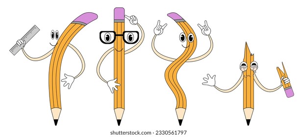 Set von lustigen Schulcharakteren einzeln auf weißem Hintergrund. Mascot-Bleistift-Sammlung. Trendy Shcool liefert. Template Education Poster. Vektorgrafik