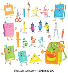 Set of funny school supplies. Books, exercise books, pens, pencils, compass, paints, brush, rulers, scissors and backpack. In cartoon style. Isolated on white background. Vector flat illustration