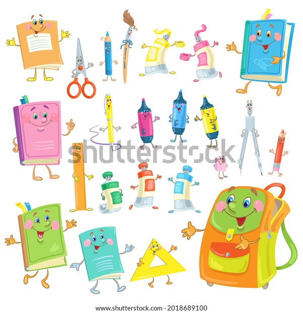 Set of funny school supplies. Books,\
exercise books, pens, pencils, compass, paints, brush, rulers,\
scissors and backpack. In cartoon style. Isolated on white\
background. Vector flat\
illustration