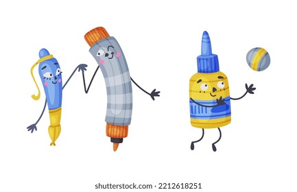 Set of funny school supplies characters. Pen, pencil, glue bottle stationery mascots with cute faces cartoon vector illustration