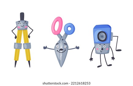 Set of funny school supplies characters. Compass tool, scissors, pencil, sharpener stationery mascots with cute faces cartoon vector illustration