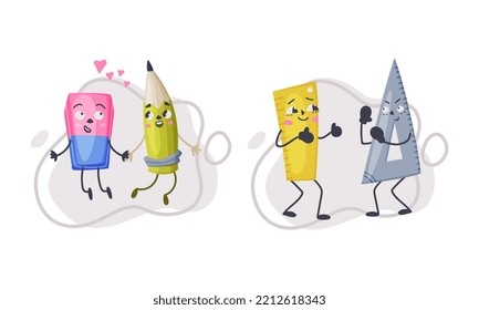 Set of funny school supplies characters. Pencil and sharpener, ruler and triangle are best friends cartoon vector illustration