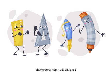 Set of funny school supplies characters. Rulers, pencil and pen are best friends. Stationery mascots with cute faces cartoon vector illustration