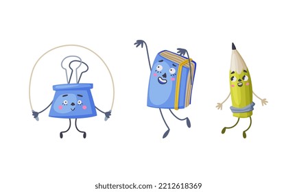 Eine Reihe lustiger Schüler versorgt Charaktere. Papierclip, Buch, Schreibtischmaskottchen mit süßem Gesichtskartoon, Vektorgrafik