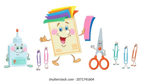 Set of funny school supplies for children's creativity. Color paper, scissors, glue and paper clips. In cartoon style. Isolated on white background. Vector illustration. 