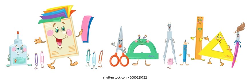 Set of funny school supplies for children's creativity. Color paper, scissors, glue, pencil, compass, rulers, paper clips. In cartoon style. Isolated on white background. Vector illustration. 