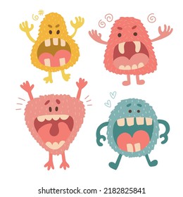 Set of funny screaming Monsters with big open mouths and big teeth. Cute beast childish characters. Flat hand drawn vector illustration.