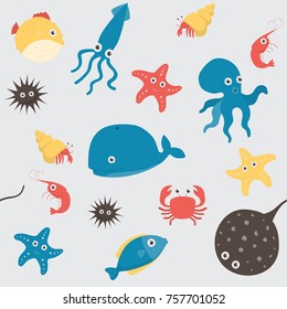 Set with funny sea animal on white background
