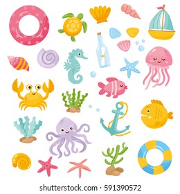 Set with funny sea animals and creatures. Cartoon illustration with underwater animals. Summer, beach and sea elements.