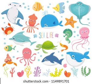 Set with funny sea animals. Marine life. Ocean wildlife. Cute illustration.Vector collection