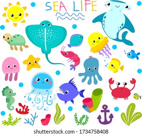 Set with funny sea animals.  Ocean wildlife. Cute illustration.Vector collection