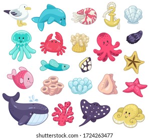 Set of funny sea animals in the style of cartoons, children's style. Cute children's characters-Dolphin, whale, gull, jellyfish, octopus, seashells, isolated on a white background for use as stickers 