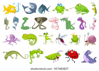 Set of funny sea creatures, creeping things, insects. Collection of cute colourful fishes, frogs, snakes, chameleon, mosquito, fur seal, sea horse. Vector illustration isolated on white background.