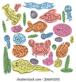 Set of Funny Sea Life. Fish,corals ,crab,shell,seaweed.Outline image with colored spot on white background. Funny Doodle design template . Vector illustration