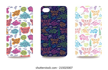 Set funny sea life ornament for mobile phone cover. The visible part of the clipping mask. The sample is ready for printing after the release clipping mask.Vector illustration