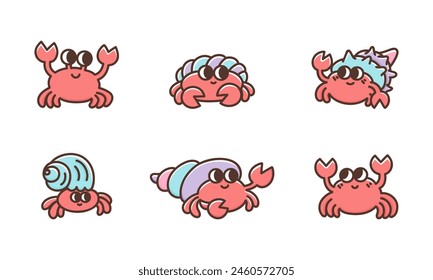 Set of funny sea or marine crabs. Сute cartoon crustacean animals. Colorful vector illustration isolated on white background