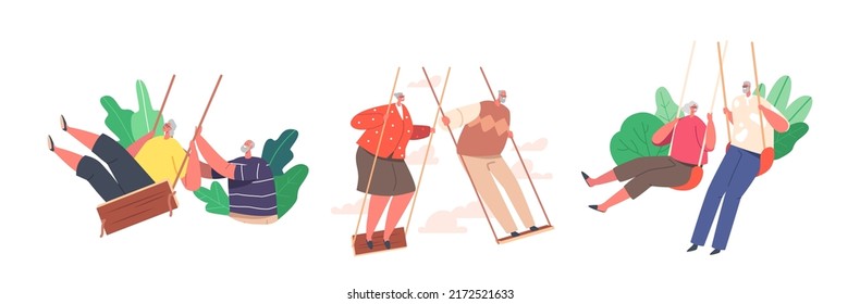 Set of Funny Senior Characters Swing, Old Man and Woman Having Outdoors Fun Swinging on Seesaw. Carefree Elderly Couples Joyful Sparetime, Swinging Rejoice. Cartoon People Vector Illustration