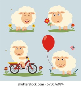 Set of funny sheep plays on meadow, on bicycle, with balloon and flower in cartoon style.