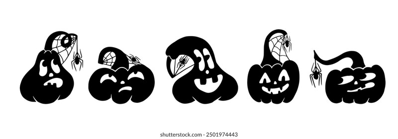 Set of funny silhouettes, stamps of autumn pumpkin characters with webs and spiders. Vector graphics.