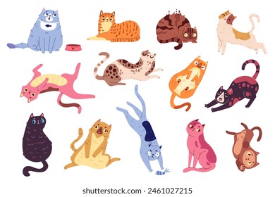 Set of funny, silly, fat cats playing with toy, sleeping, scared, stretching, demand food. Doodle flat fluffy cats in different poses. Cute cartoon ginger cat