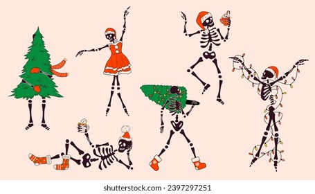 Set of Funny Skeleton with with decoration christmas. Cute character Skeleton Bones