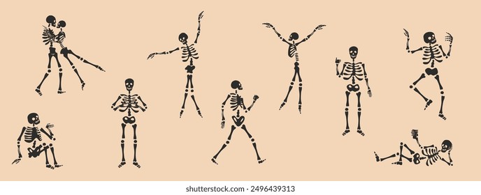 Set of Funny Skeletons. Cute character Skeleton Bones